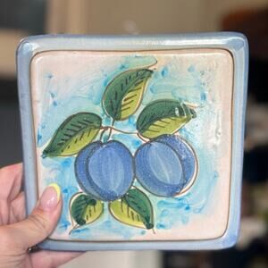 Hand-Painted Italian Ceramic Wall Tile Trivel Blue Fruit Peach Fratantoni Vietri